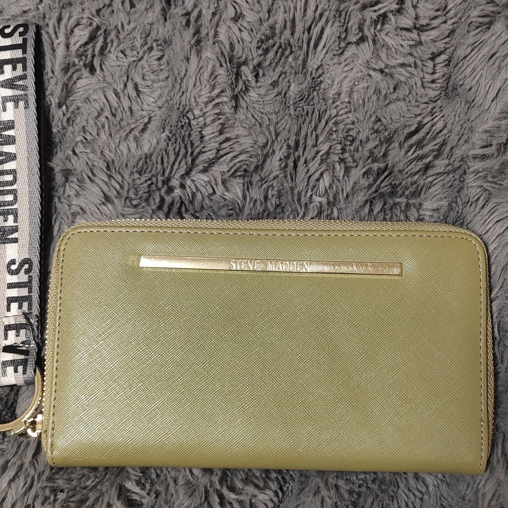 Steve Madden Olive Zip-Around Wristlet Wallet with Gold Accent